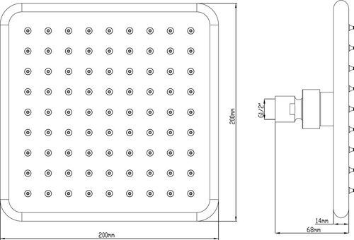 Technical image of Hudson Reed Showers Square Shower Head With Arm 200x200mm.