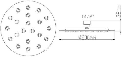 Technical image of Hudson Reed Showers Round Shower Head & Wall Mounting Arm (200mm).