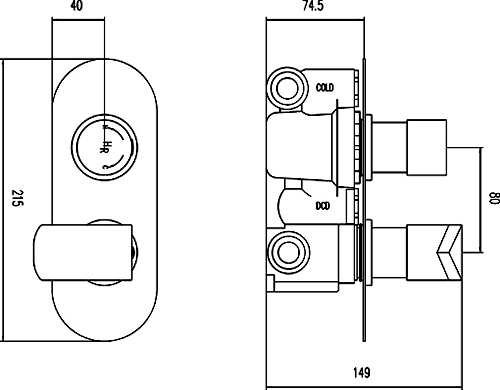 Technical image of Hudson Reed Hero 3/4" Twin Thermostatic Shower Valve With Diverter.