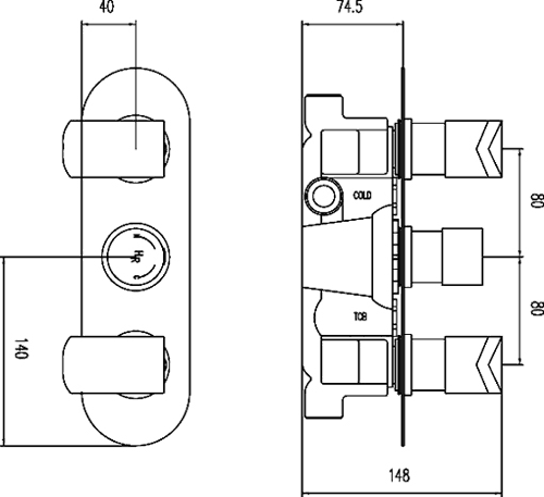 Technical image of Hudson Reed Hero Triple Concealed Thermostatic Shower Valve (Chrome).