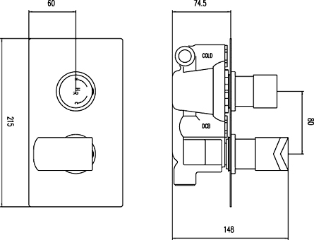 Technical image of Hudson Reed Hero 3/4" Twin Thermostatic Shower Valve With Diverter (Black).