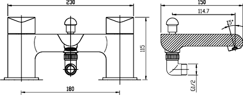 Technical image of Hudson Reed Hero Basin & Bath Shower Mixer Tap Set (Black & Chrome).