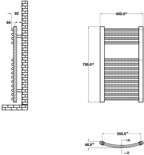 Technical image of Ultra Radiators Cloakroom Heated Towel Rail (Chrome). 400x700mm.