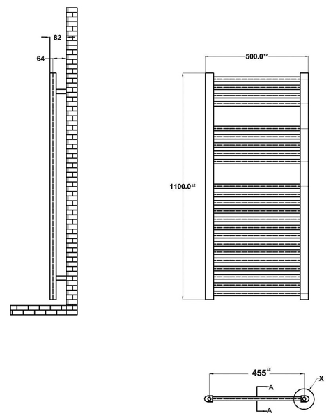 Technical image of Ultra Radiators Straight Heated Towel Rail (Chrome). 500x1100mm. 1177 BTU.