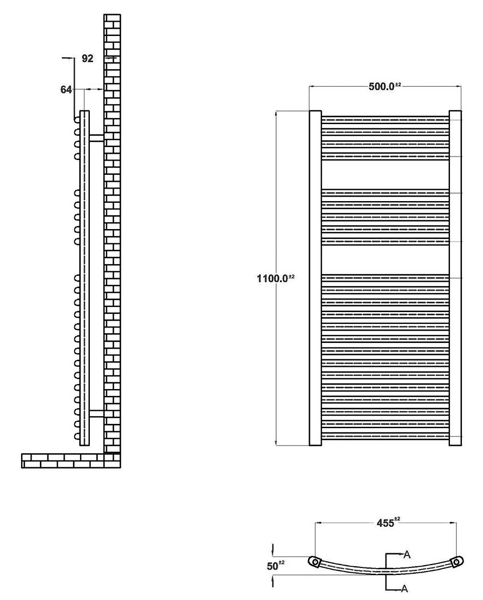 Technical image of Ultra Radiators Curved Heated Towel Rail (Chrome). 500x1100mm. 1222 BTU.