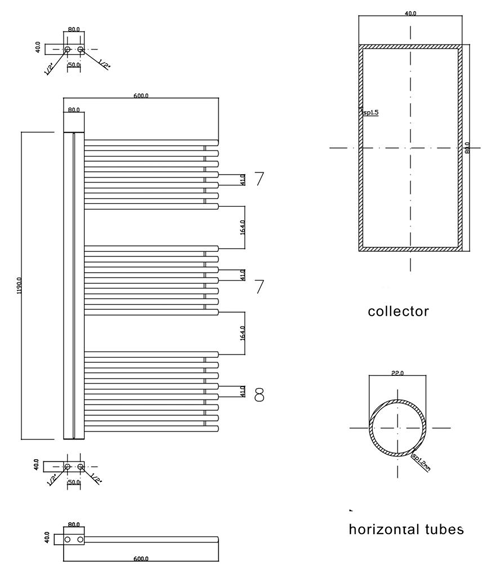 Technical image of Hudson Reed Finesse Designer Towel Radiator. 1200x600 (Chrome).