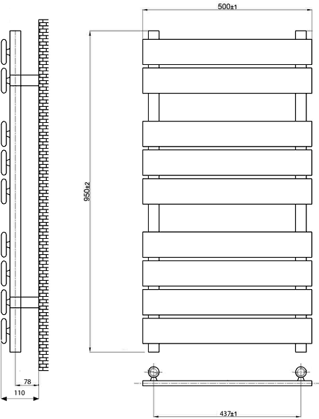 Technical image of Ultra Designer Radiators Alberta Radiator (Chrome). 500x950mm.