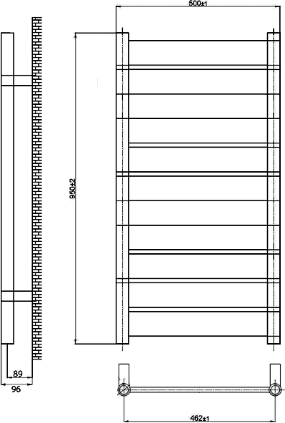 Technical image of Ultra Designer Radiators Yukon Radiator (Chrome). 500x950mm.