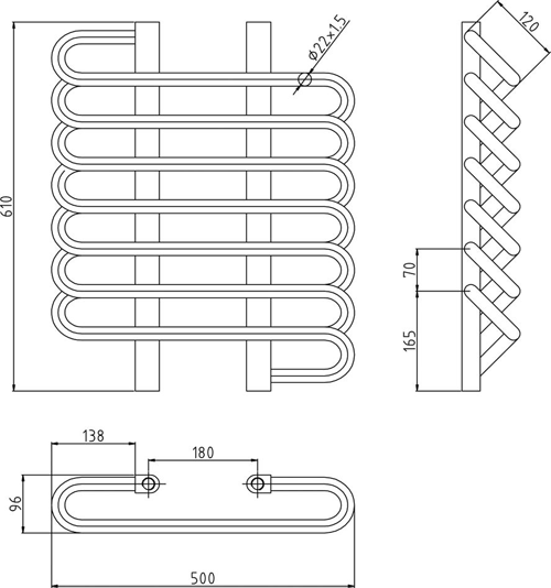 Technical image of Hudson Reed Finesse Twisted Towel Radiator. 610x500 (Chrome).