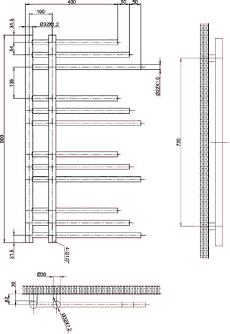 Technical image of Hudson Reed Radiators Finesse Designer Radiator (Stainless Steel). 500x900.