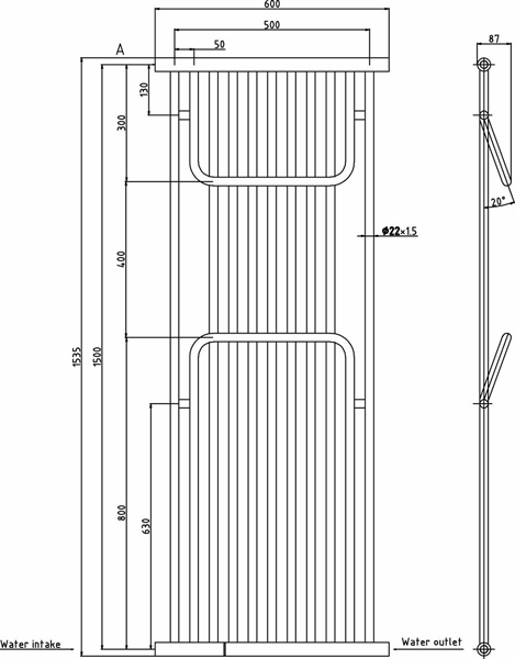 Technical image of Hudson Reed Finesse Designer Towel Radiator. 1535x600 (Chrome).