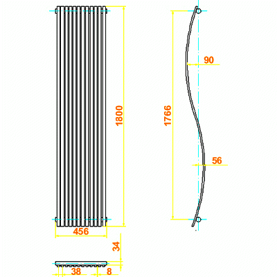 Technical image of HR Designer Anthracite Pajero wave radiator. Size 1800 x 460mm. 4296 BTU.