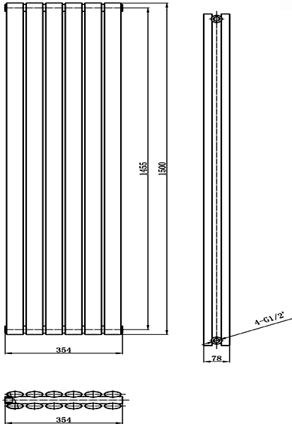 Technical image of Hudson Reed Radiators Revive Radiator (Anthracite). 1500x354mm. 3926 BTU.