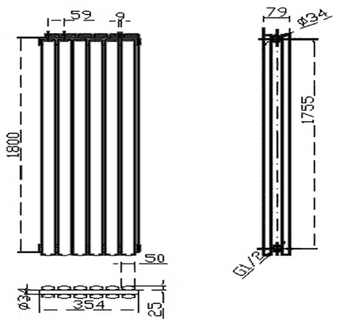 Technical image of Hudson Reed Radiators Revive Radiator (Anthracite). 1800x354mm. 4609 BTU.