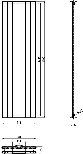 Technical image of Hudson Reed Radiators Sloane Mirror Radiator (Anthracite). 381x1500mm.