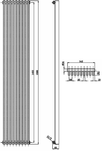 Technical image of Hudson Reed Radiators Parallel Designer Radiator (Anthracite). 342x1500mm.