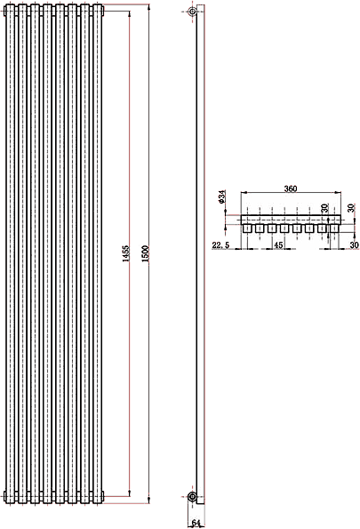 Technical image of Ultra Radiators Kenetic Radiator (Anthracite). 360x1500mm.