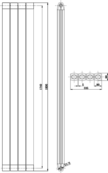 Technical image of Hudson Reed Radiators Nirvana Designer Radiator (Black). 335x1800mm.