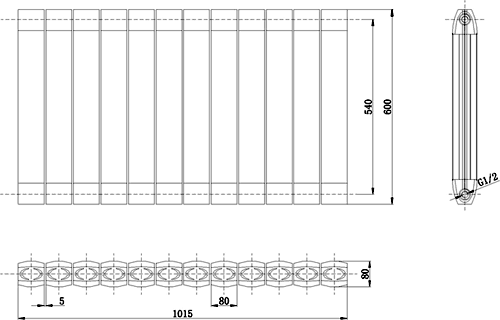 Technical image of Hudson Reed Radiators Nirvana Designer Radiator (Black). 1015x600mm.