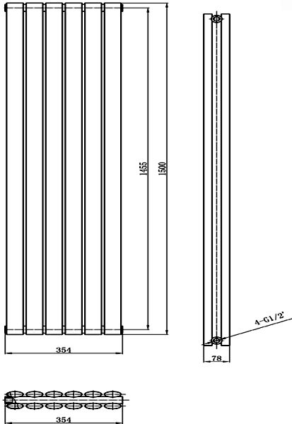 Technical image of Hudson Reed Radiators Revive Radiator (Black). 1500x354mm. 3926 BTU.