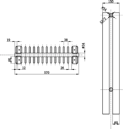 Technical image of Hudson Reed Radiators Fin Floor Mounted Radiator (Black). 570x900mm.