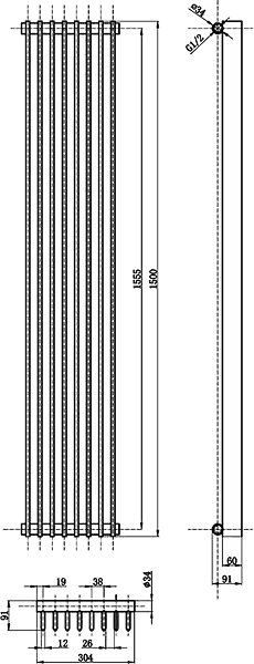 Technical image of Hudson Reed Radiators Fin Radiator (Black). 304x1500mm. 4367 BTU.