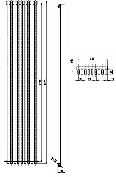 Technical image of Hudson Reed Radiators Parallel Designer Radiator (Black). 342x1800mm.