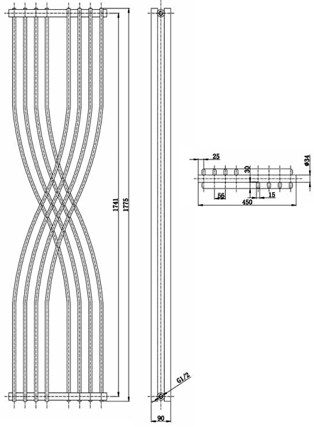 Technical image of Hudson Reed Radiators Xcite Designer Radiator (Black). 450x1775mm.