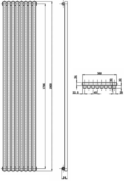 Technical image of Hudson Reed Radiators Kenetic Radiator (Black). 360x1800mm.