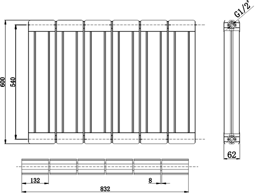 Technical image of Hudson Reed Radiators Glee Designer Radiator (Silver). 832x600mm.