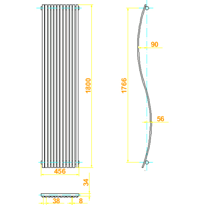 Technical image of HR Designer Silver Pajero wave radiator. Size 1800 x 460mm. 4296 BTU.