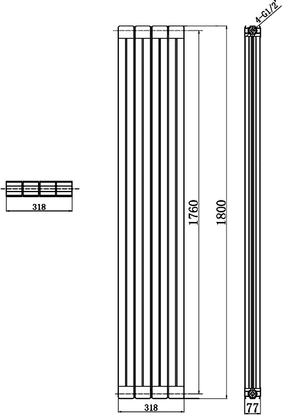 Technical image of Hudson Reed Radiators Rapture Radiator (Silver). 318x1800mm. 5951 BTU.