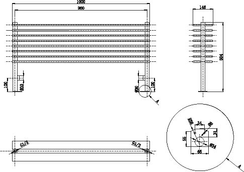 Technical image of Hudson Reed Radiators Fin Floor Mounted Radiator (Silver). 1000x504mm.