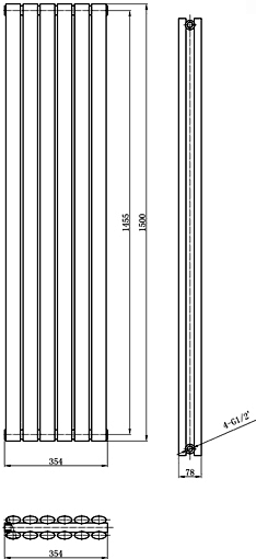 Technical image of Hudson Reed Radiators Revive Radiator (Silver). 354x1500mm. 3926 BTU.