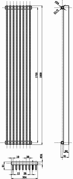 Technical image of Hudson Reed Radiators Fin Radiator (Silver). 304x1800mm. 5186 BTU.