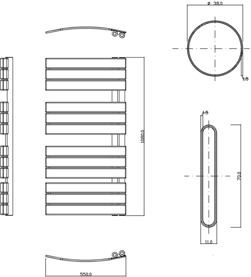 Technical image of Hudson Reed Elgin Designer Towel Radiator. 1080x550 (White).
