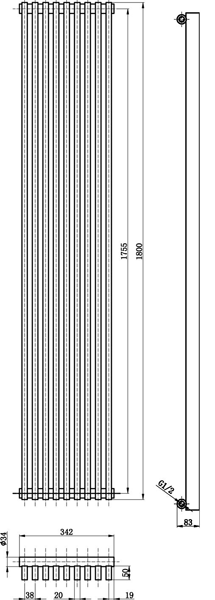 Technical image of Hudson Reed Parallel Designer Vertical Radiator. 1800x342 (White).