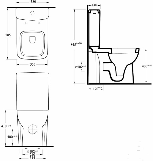Technical image of Ultra Hobart Short Projection Toilet, 450mm Basin, Full Pedestal & Seat.