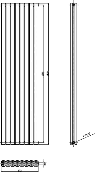 Technical image of Hudson Reed Radiators Revive Red Radiator (Red). 354x1800mm. 3357 BTU.