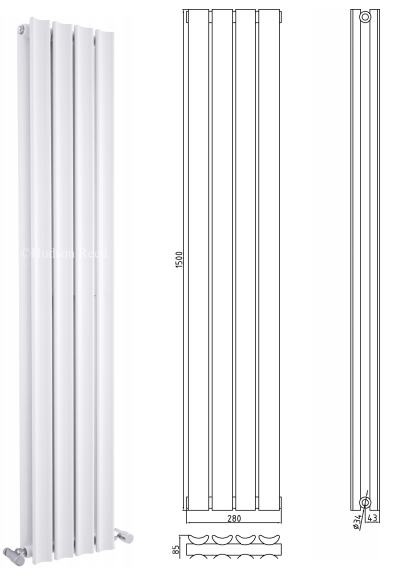 Technical image of Hudson Reed Ripple Vertical Double Panel Radiator. 1500x280 (White).