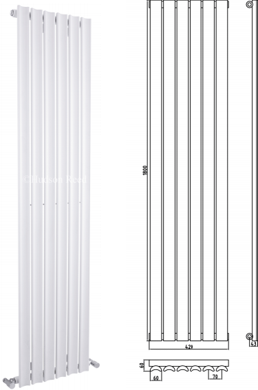 Technical image of Hudson Reed Ripple Vertical Single Panel Radiator. 1800x420 (White).