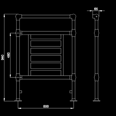 Technical image of HR Traditional Princess heated towel rail (chrome). 660x940mm. 1579 BTU