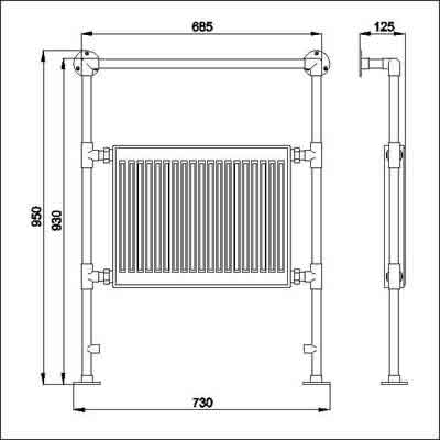 Technical image of HR Traditional Duchess heated towel rail (chrome). 640x920mm. 2064 BTU