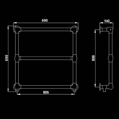 Technical image of HR Traditional Empress heated towel rail (chrome). 660x660mm. 850 BTU.