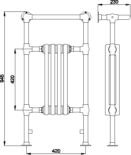 Technical image of HR Traditional Earl Radiator (Chrome). 495x945mm. 1874 BTU.