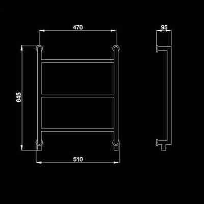 Technical image of HR Series 101 heated towel rail (chrome). 505x630mm. 505 BTU