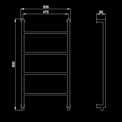 Technical image of HR Series 102 heated towel rail (chrome). 505x930mm. 710 BTU