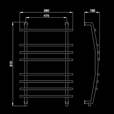 Technical image of HR Series 302 heated towel rail (chrome). 580x910mm. 1066 BTU