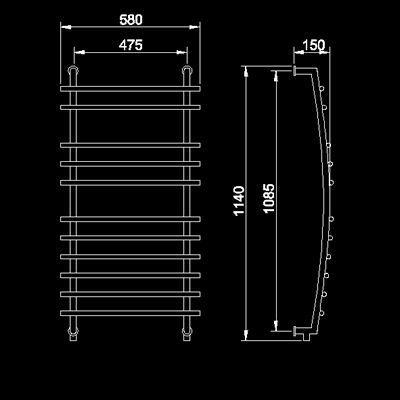 Technical image of HR Series 303 heated towel rail (chrome). 580x1140mm. 1551 BTU