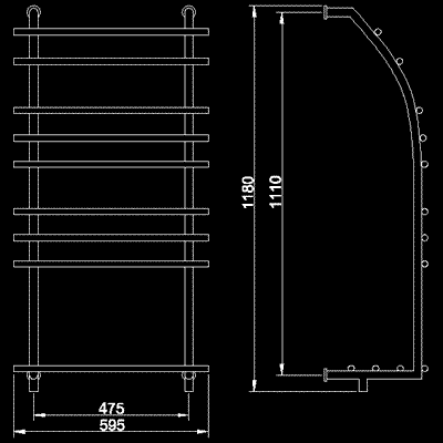 Technical image of HR Series 304 heated towel rail (chrome). 560x1160mm. 1625 BTU
